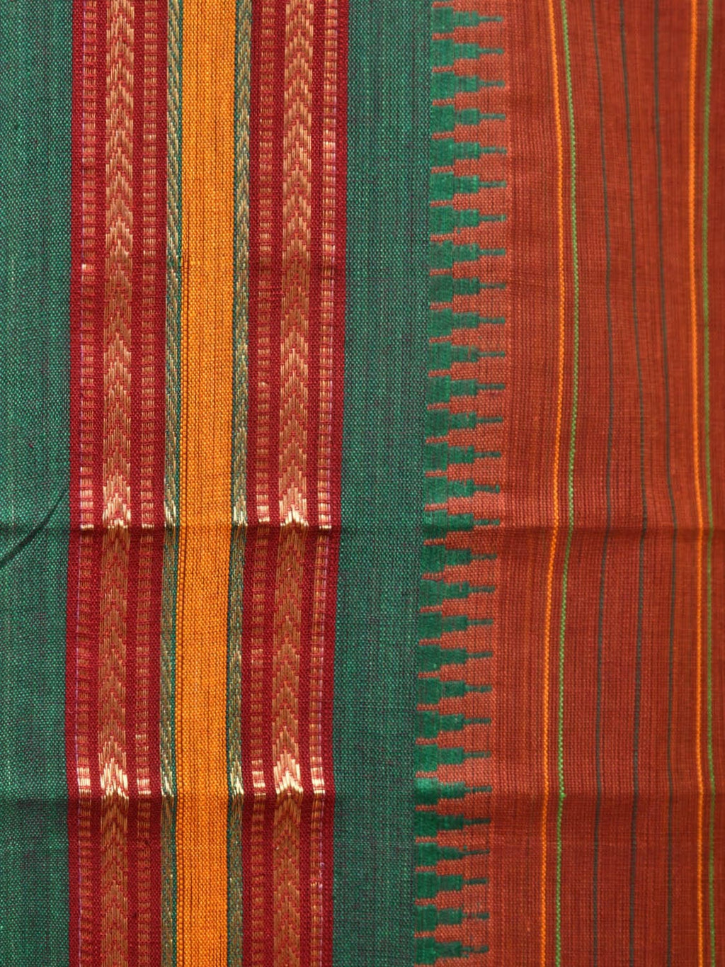 Rust Narayanpet Cotton Handloom Saree with Strips Design No Blouse - Global Threads