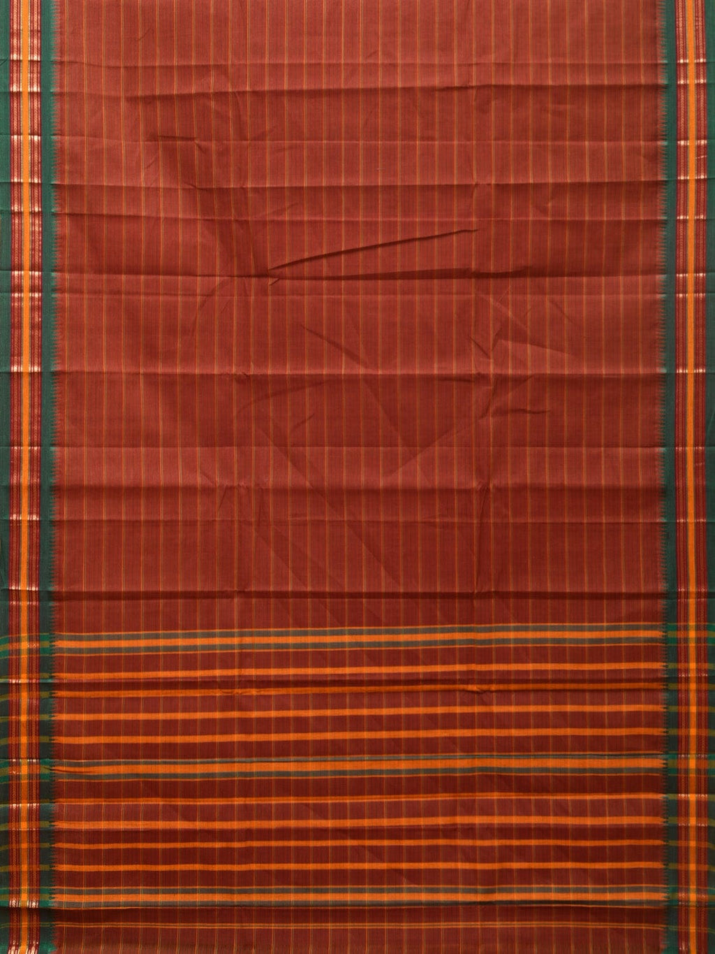 Rust Narayanpet Cotton Handloom Saree with Strips Design No Blouse - Global Threads