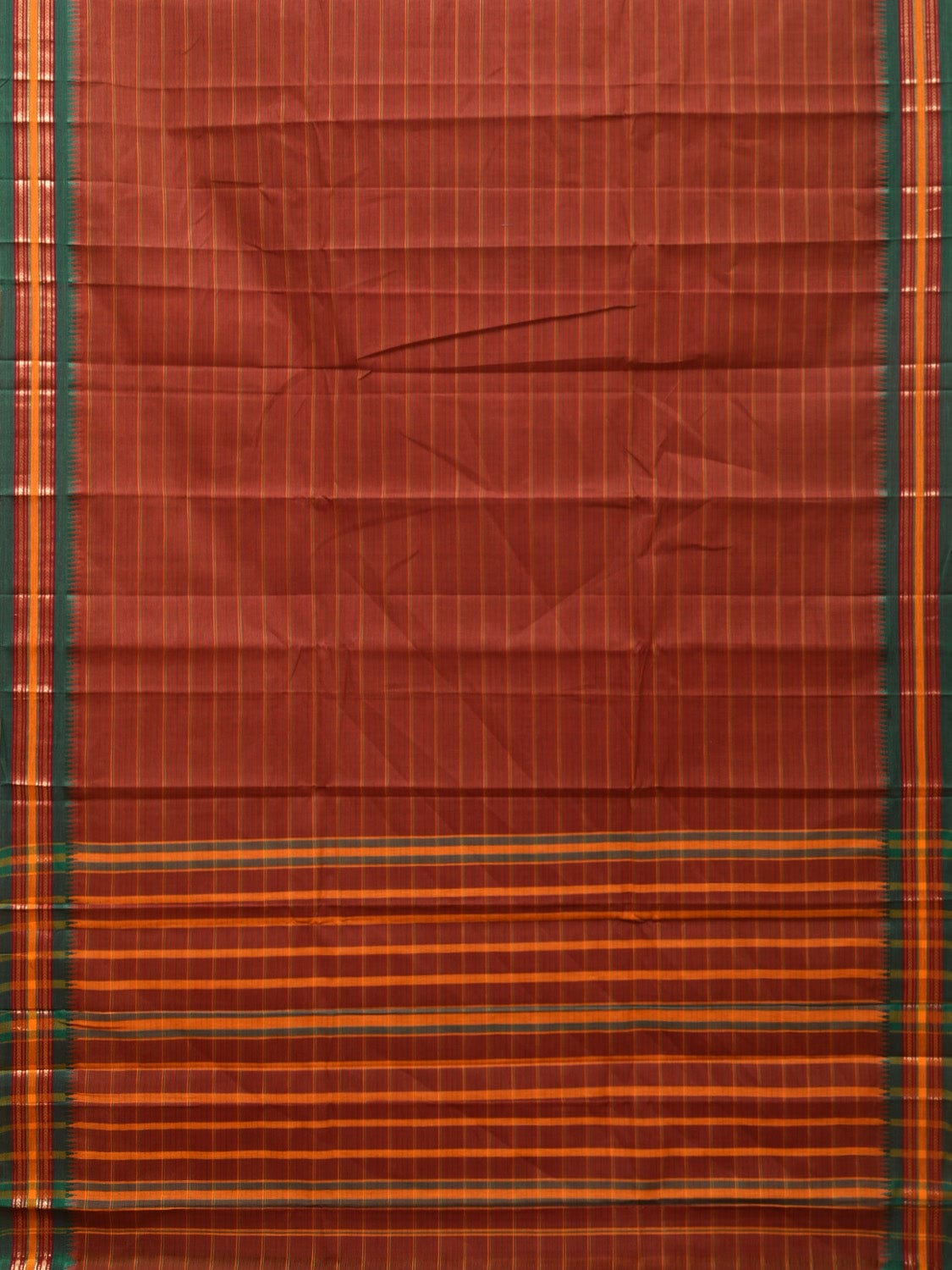 Rust Narayanpet Cotton Handloom Saree with Strips Design No Blouse - Global Threads