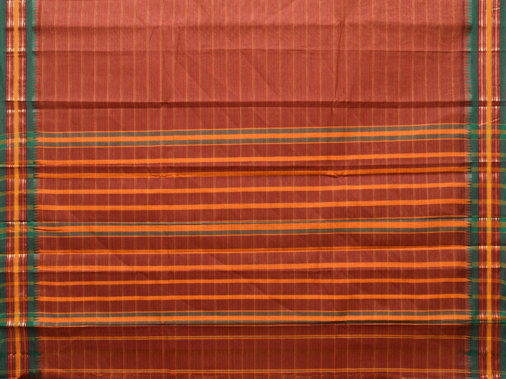 Rust Narayanpet Cotton Handloom Saree with Strips Design No Blouse - Global Threads