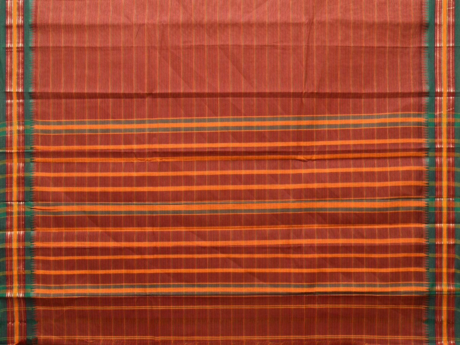 Rust Narayanpet Cotton Handloom Saree with Strips Design No Blouse - Global Threads