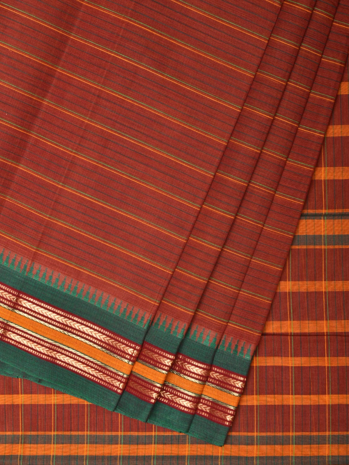 Rust Narayanpet Cotton Handloom Saree with Strips Design No Blouse - Global Threads