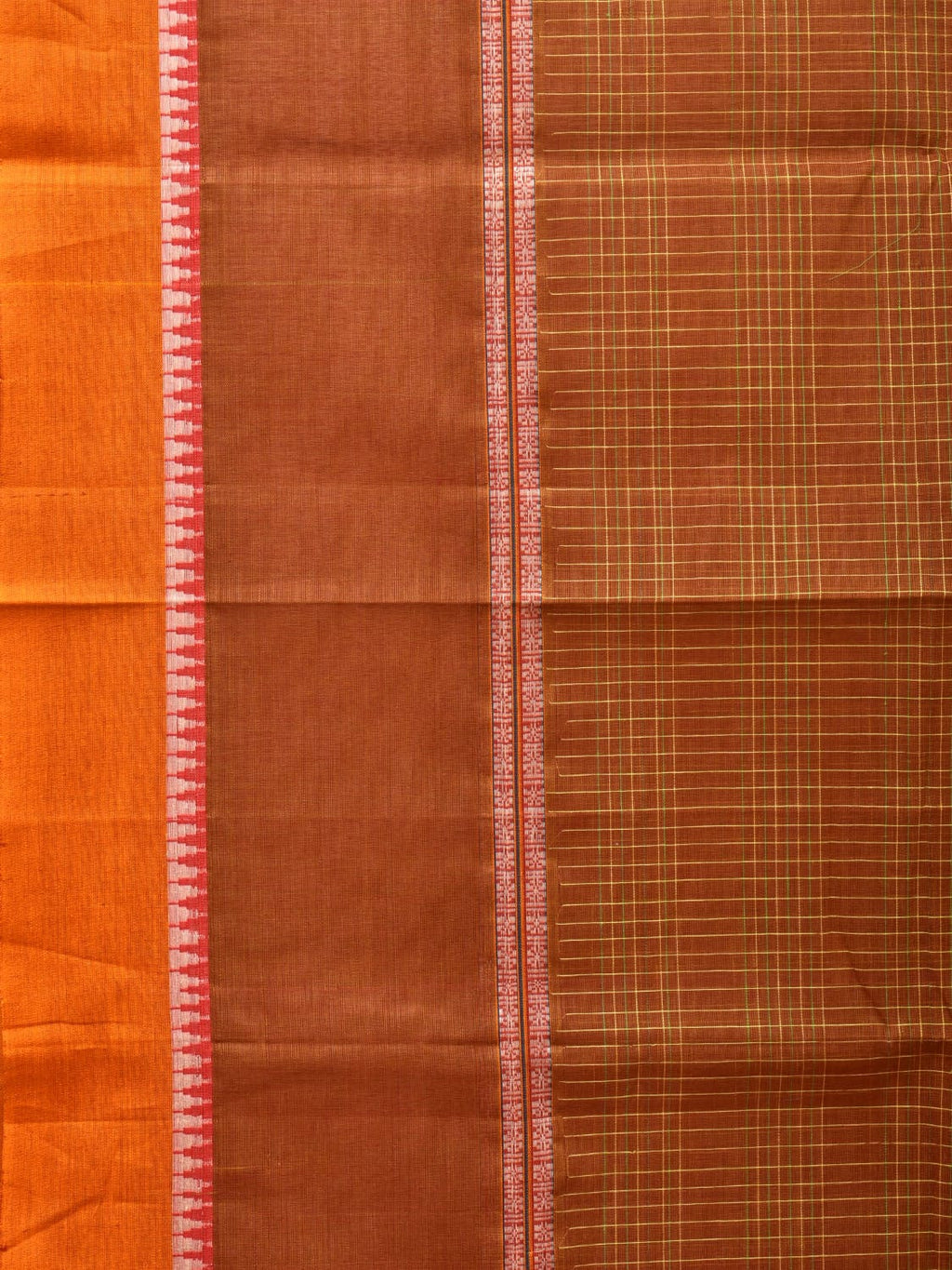 Rust Narayanpet Cotton Handloom Saree with Strips Design No Blouse - Global Threads