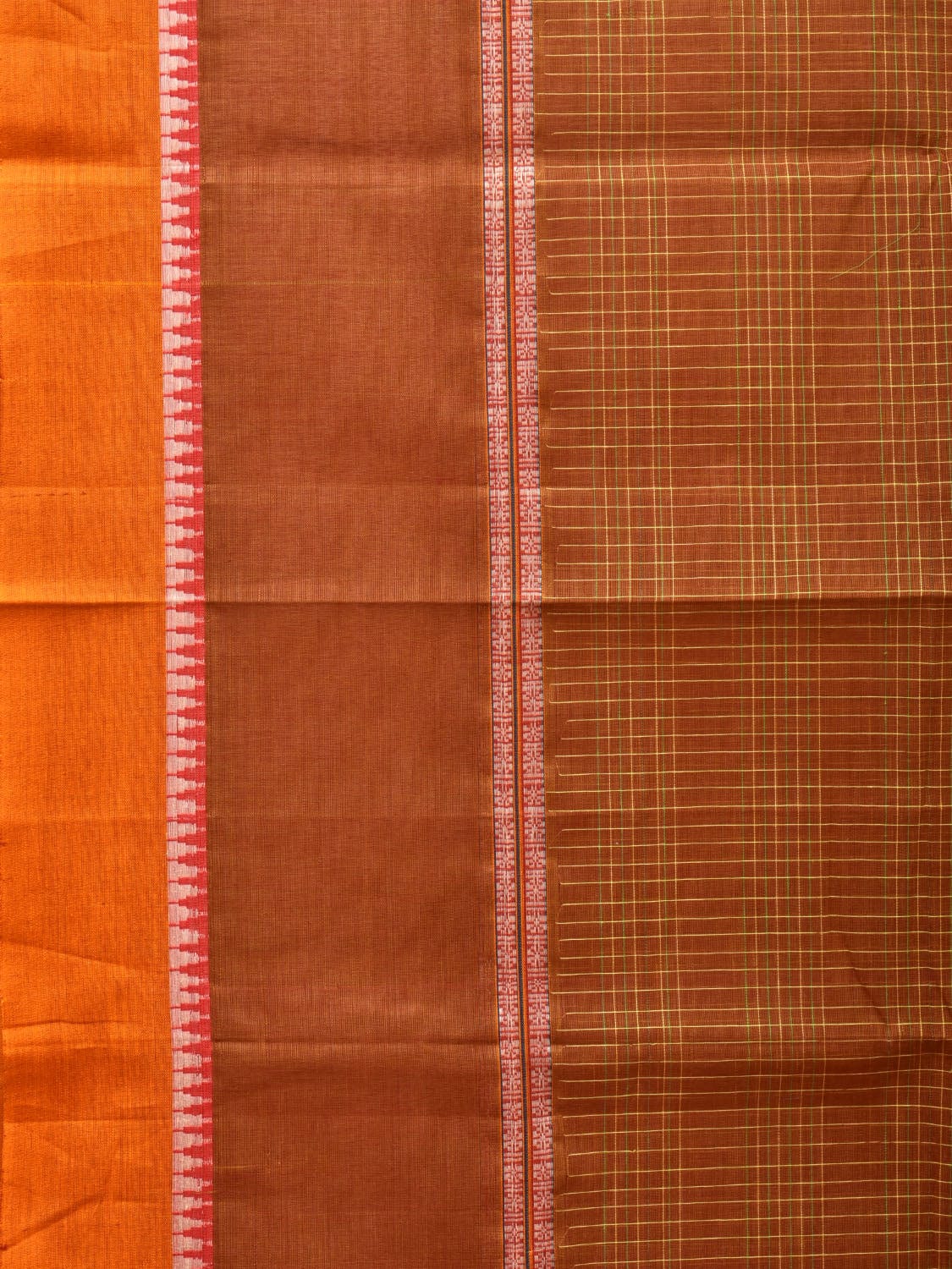 Rust Narayanpet Cotton Handloom Saree with Strips Design No Blouse - Global Threads