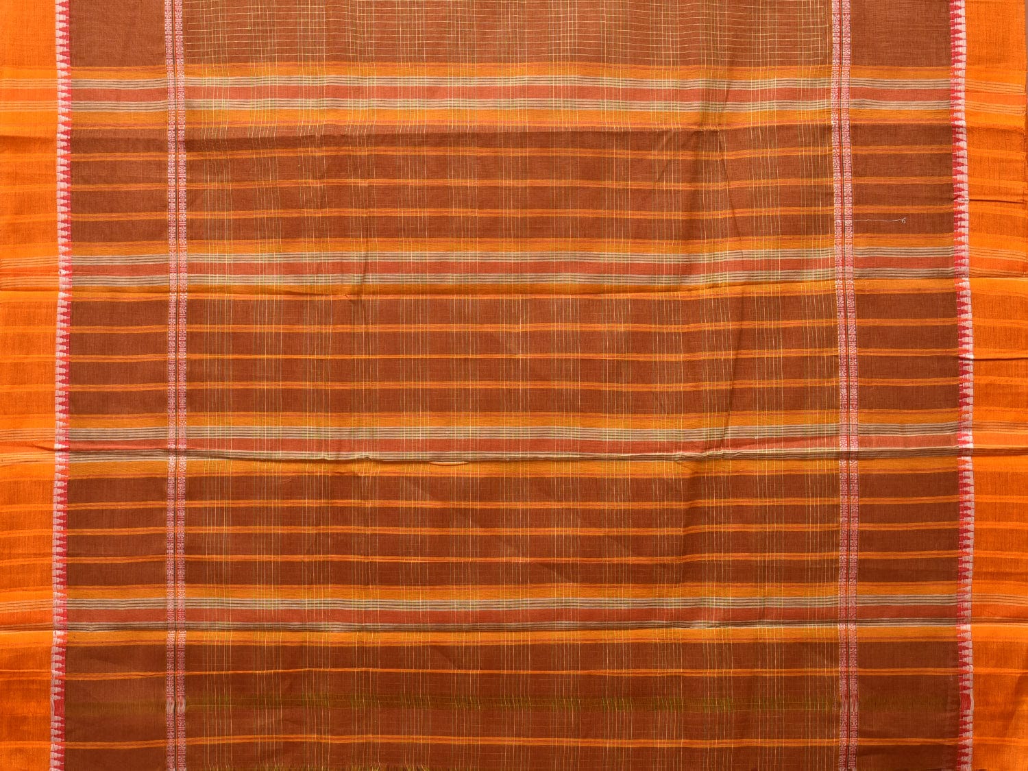 Rust Narayanpet Cotton Handloom Saree with Strips Design No Blouse - Global Threads
