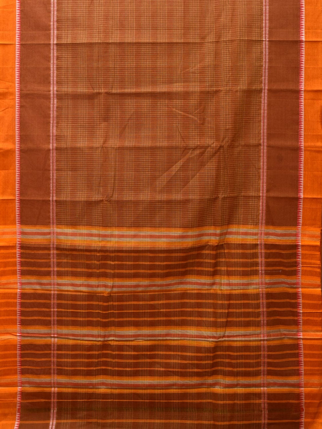 Rust Narayanpet Cotton Handloom Saree with Strips Design No Blouse - Global Threads