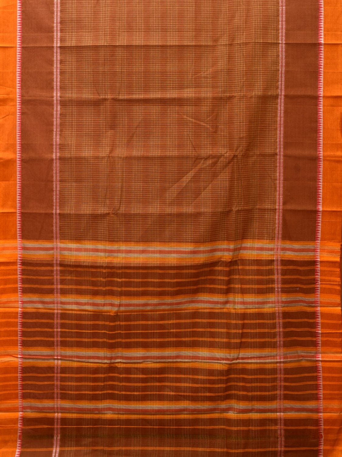 Rust Narayanpet Cotton Handloom Saree with Strips Design No Blouse - Global Threads