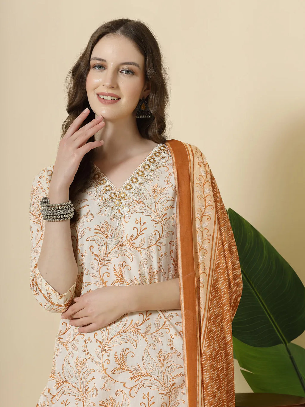 Yufta Rust Pure Cotton PaisleyThread Work Kurta Dupatta Pant Set
