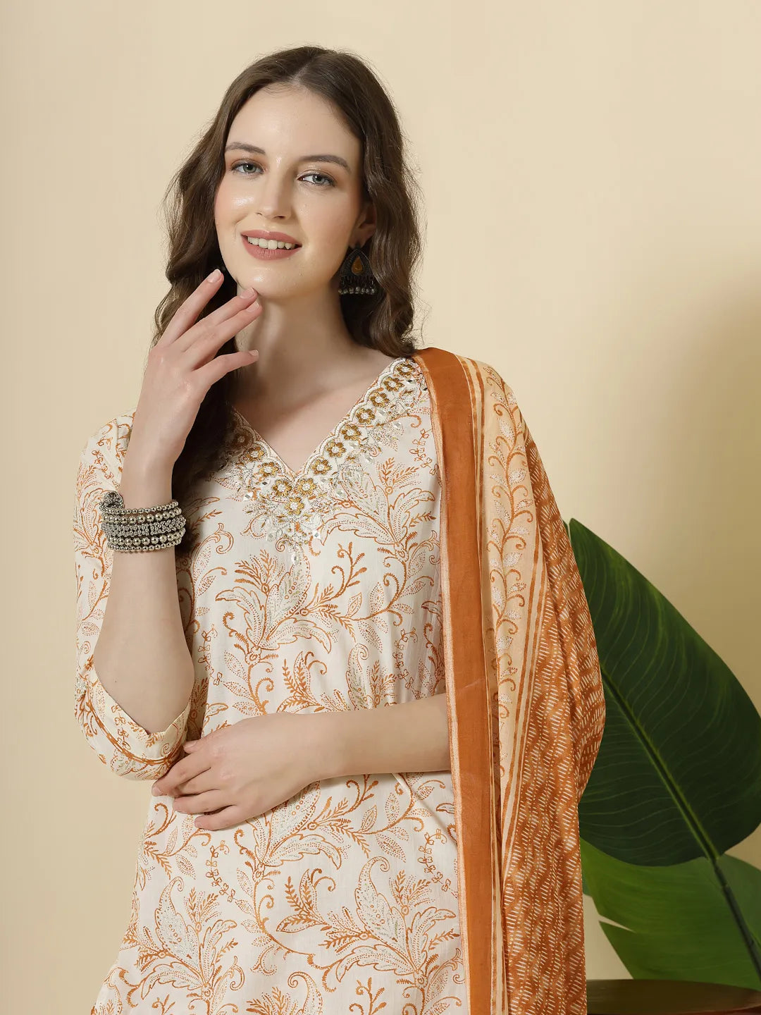 Yufta Rust Pure Cotton PaisleyThread Work Kurta Dupatta Pant Set
