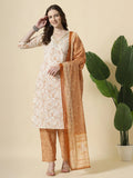 Yufta Rust Pure Cotton PaisleyThread Work Kurta Dupatta Pant Set