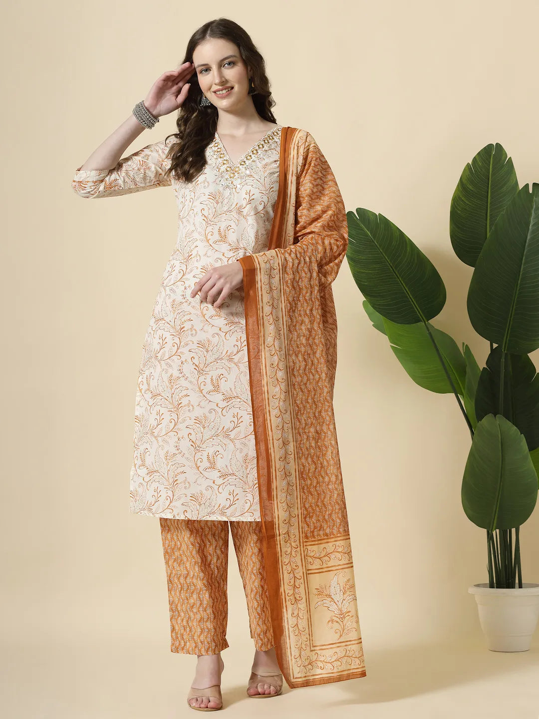 Yufta Rust Pure Cotton PaisleyThread Work Kurta Dupatta Pant Set