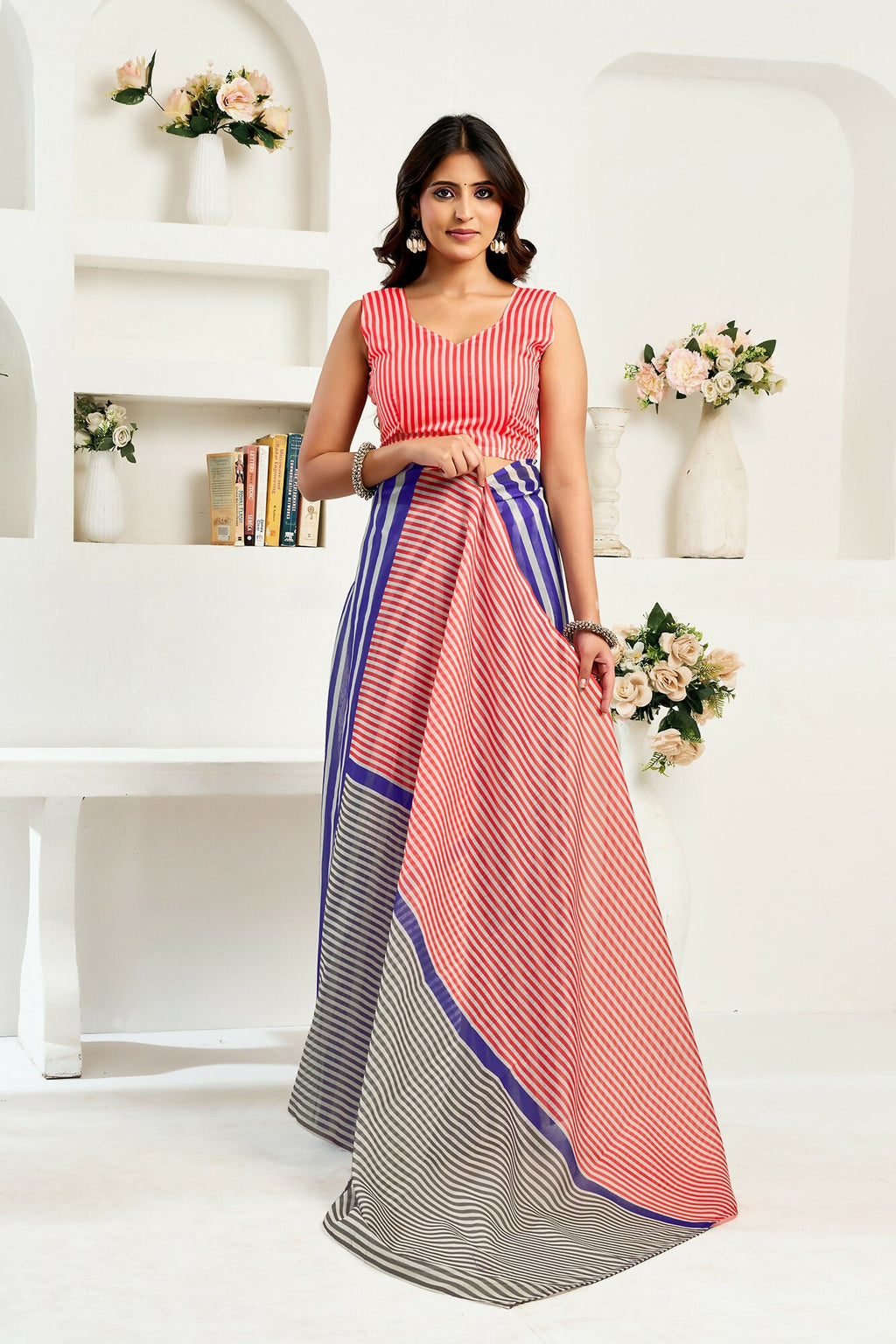 Vastranavya Royal Blue Digital Printed Linen Ready To Wear Designer Saree with Unstitched Blouse