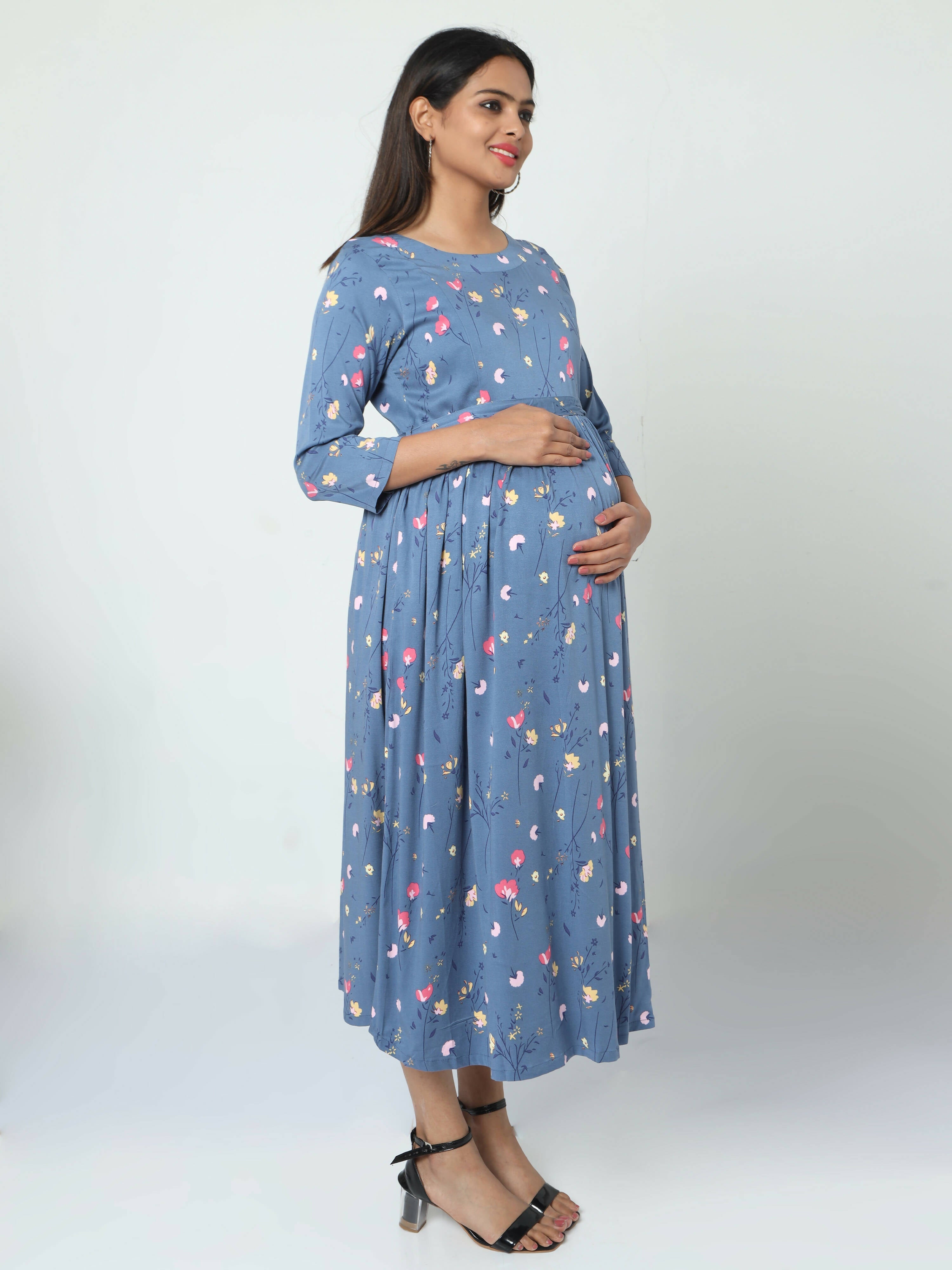 Manet Three Fourth Maternity Dress Floral Print With Concealed Zipper Nursing Access - Dark Grey