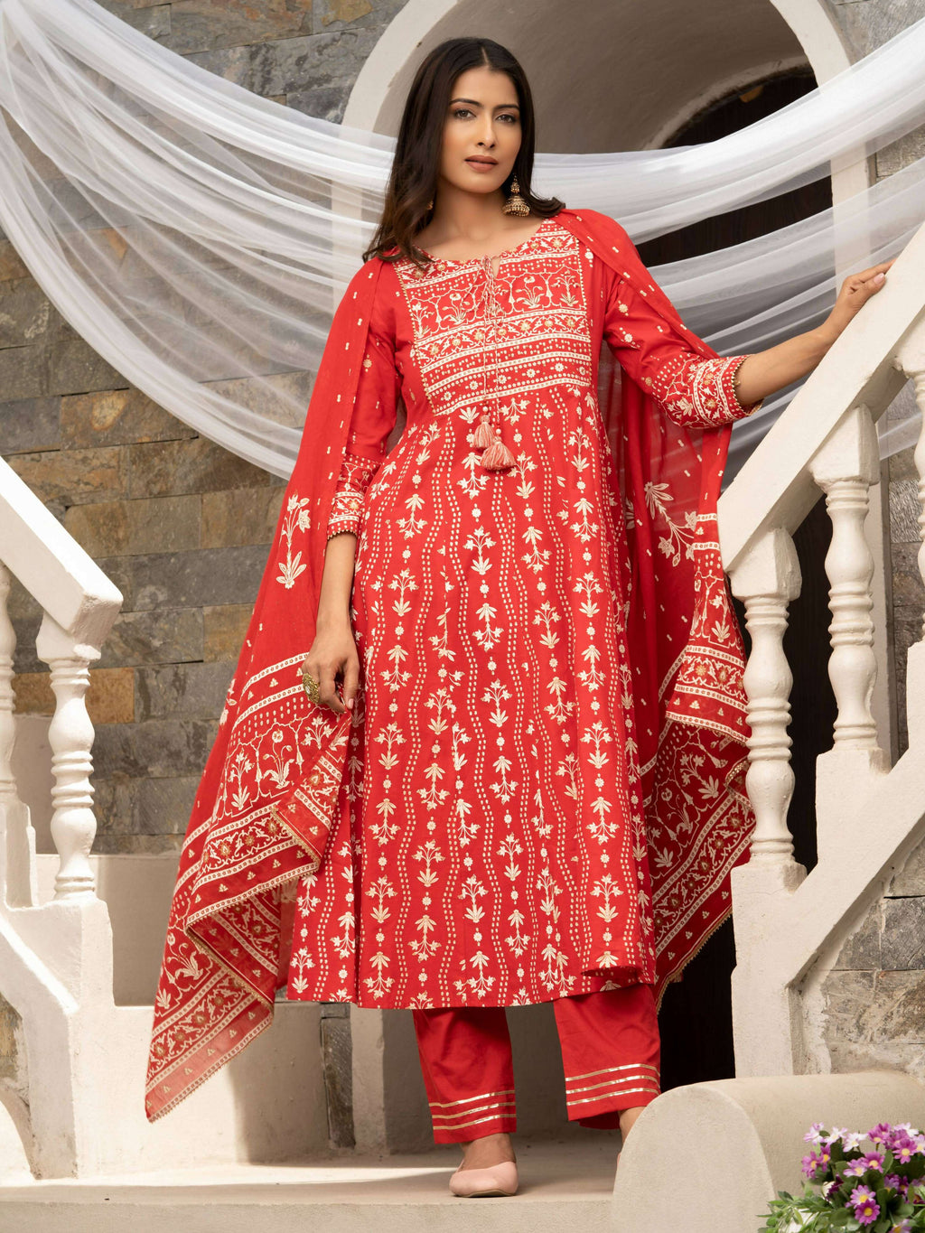 Red Cotton Cambric Printed with Sequins work Anarkali Kurta with Pant & Dupatta - Akashara