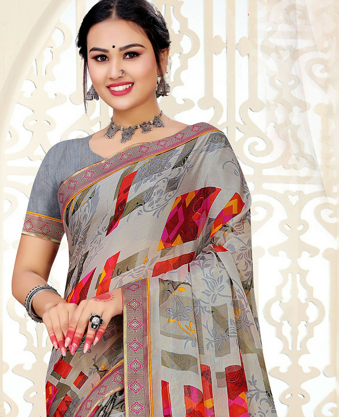 Grey Chiffon Brasso Printed Saree With Unstitched Blouse Piece - Jyoti
