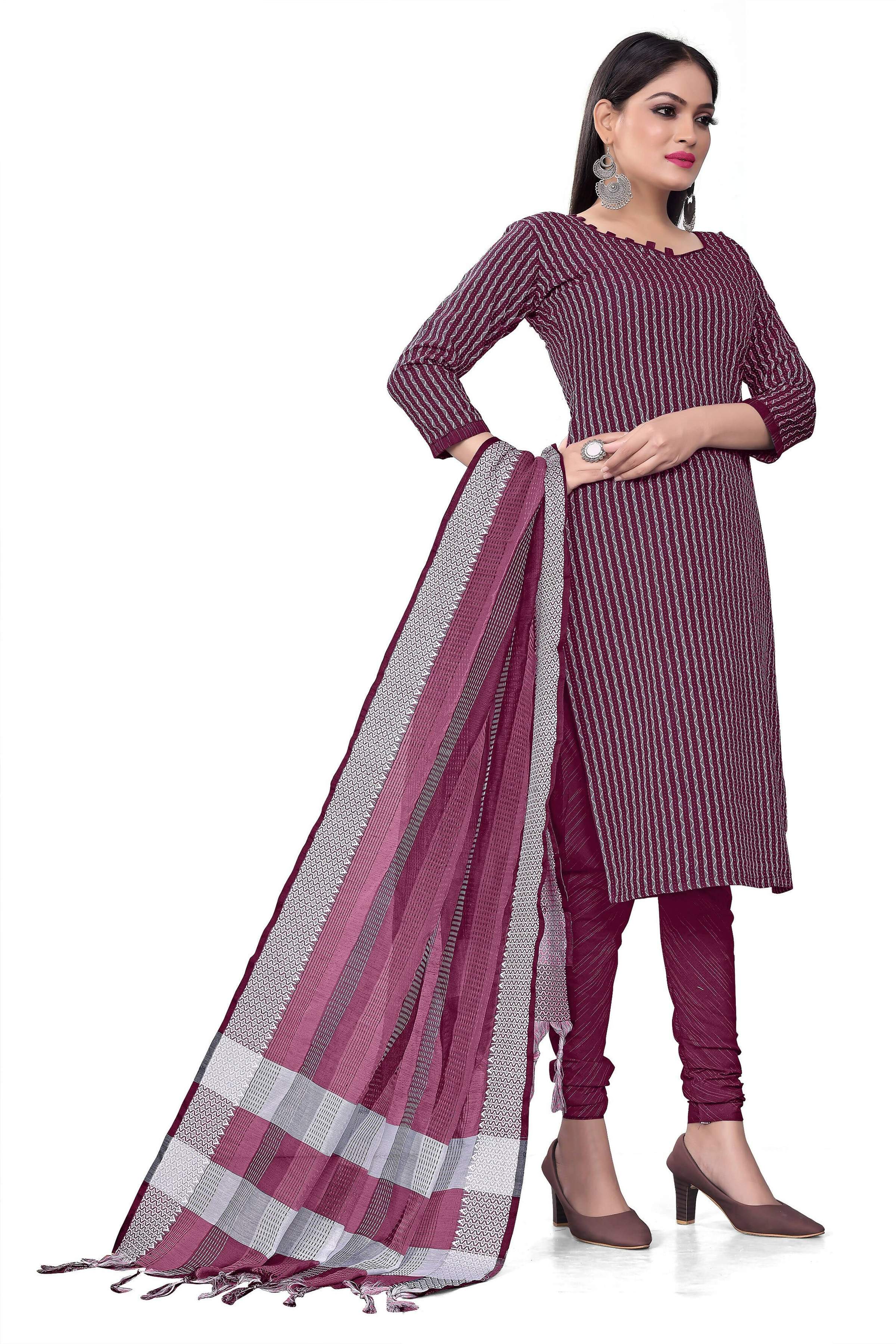 Wine Cotton Jacquard Woven Unstitched Dress Material - Amara