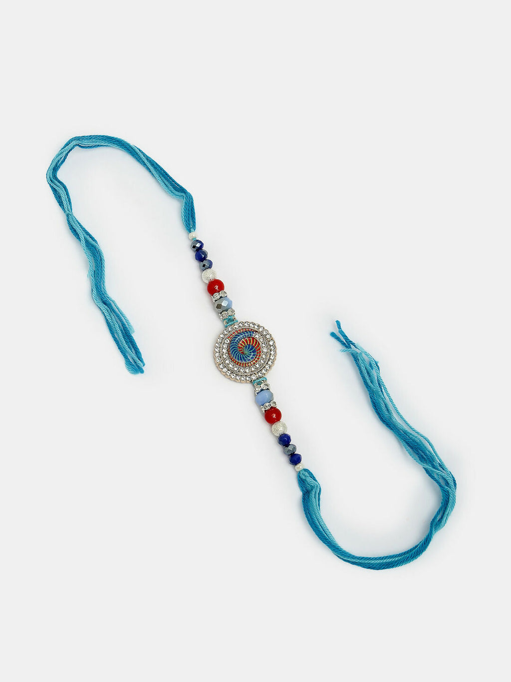 NVR Women & Men Set of 2 Blue Kundan-Studded & Beaded Bhaiya Bhabhi Rakhi With Roli Chawal & Chocolate