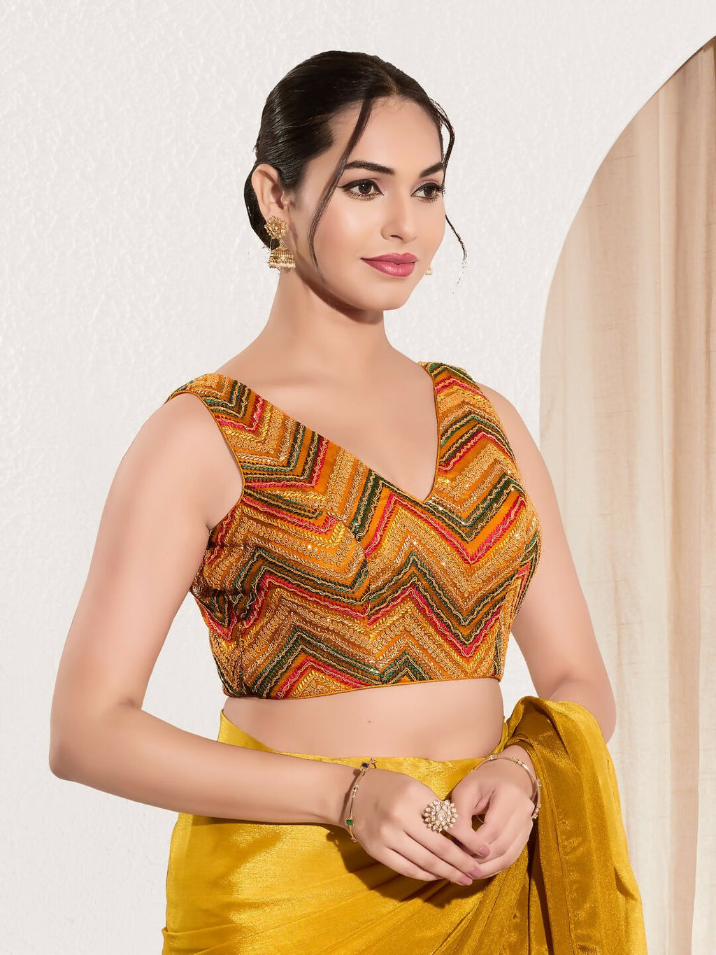 Joban Fashion Mustard Net Padded Blouse With V Neck Sleeveless