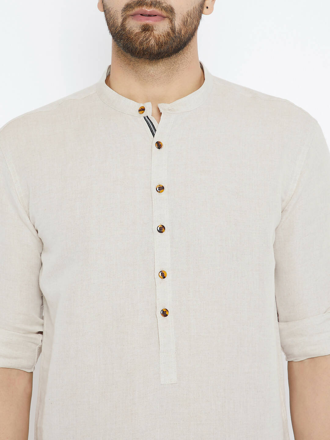 Even Apparels Beige Linen Linen Men's Kurta With Band Collar
