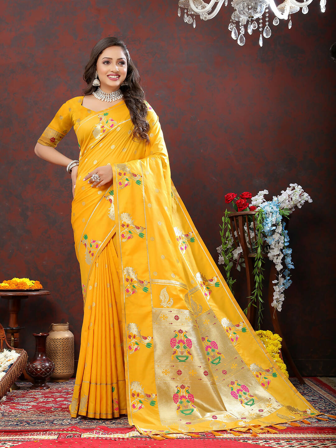 Lorenvalley Fashion Gold Soft Paithani Silk Woven Design Gold Zari Meenakari Weaving Saree