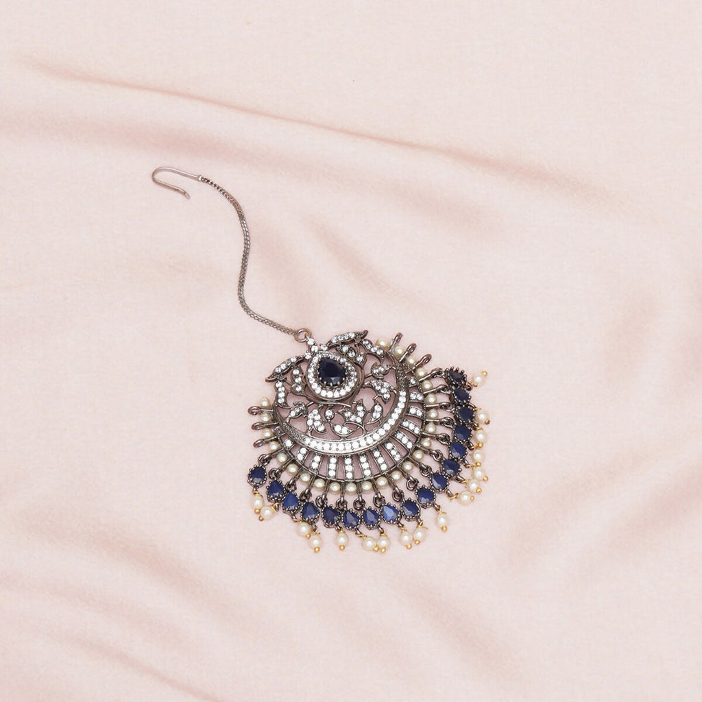 Oversized Diamond & Blue Stone Maang Tikka- Ruby Raang