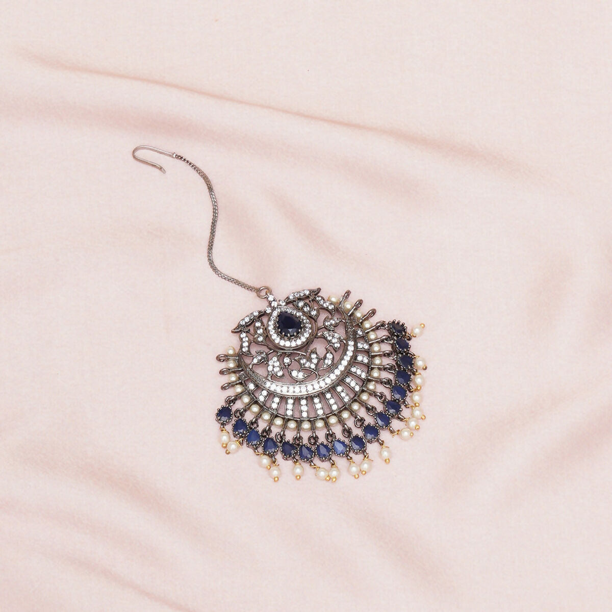 Oversized Diamond & Blue Stone Maang Tikka- Ruby Raang