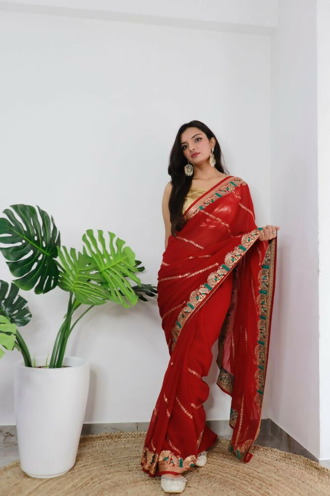 Vamsee Aaradhna Red Georgette Saree
