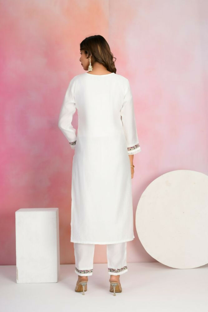 Ethnic Festive Wear Viscose Chanderi White Stitched Suit With Dupatta - Tanisha