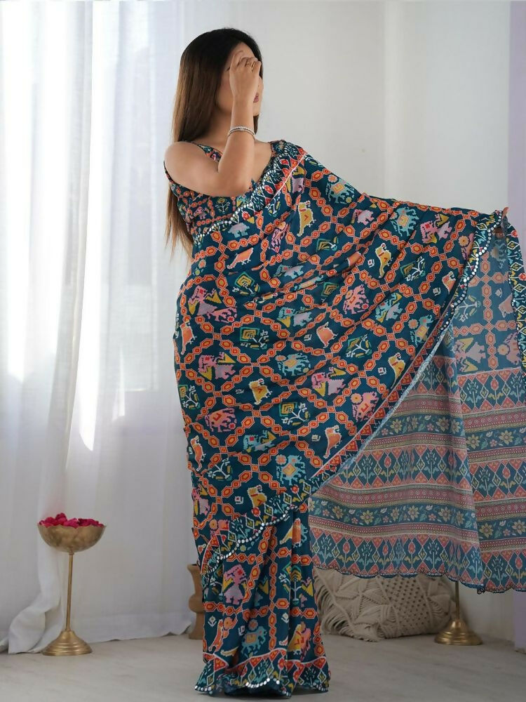PR Fashion Dark Blue Georgette Digital Print With Mirror Work Saree