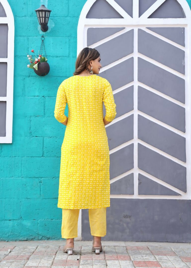 Alvano Printed Beautiful Straight Kurti with Pant and Dupatta set for Women and Girls (Yellow)