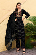 Jyoti Fashion Women's Black 14KG Rayon Foil Print with Embroidery Kurta Set
