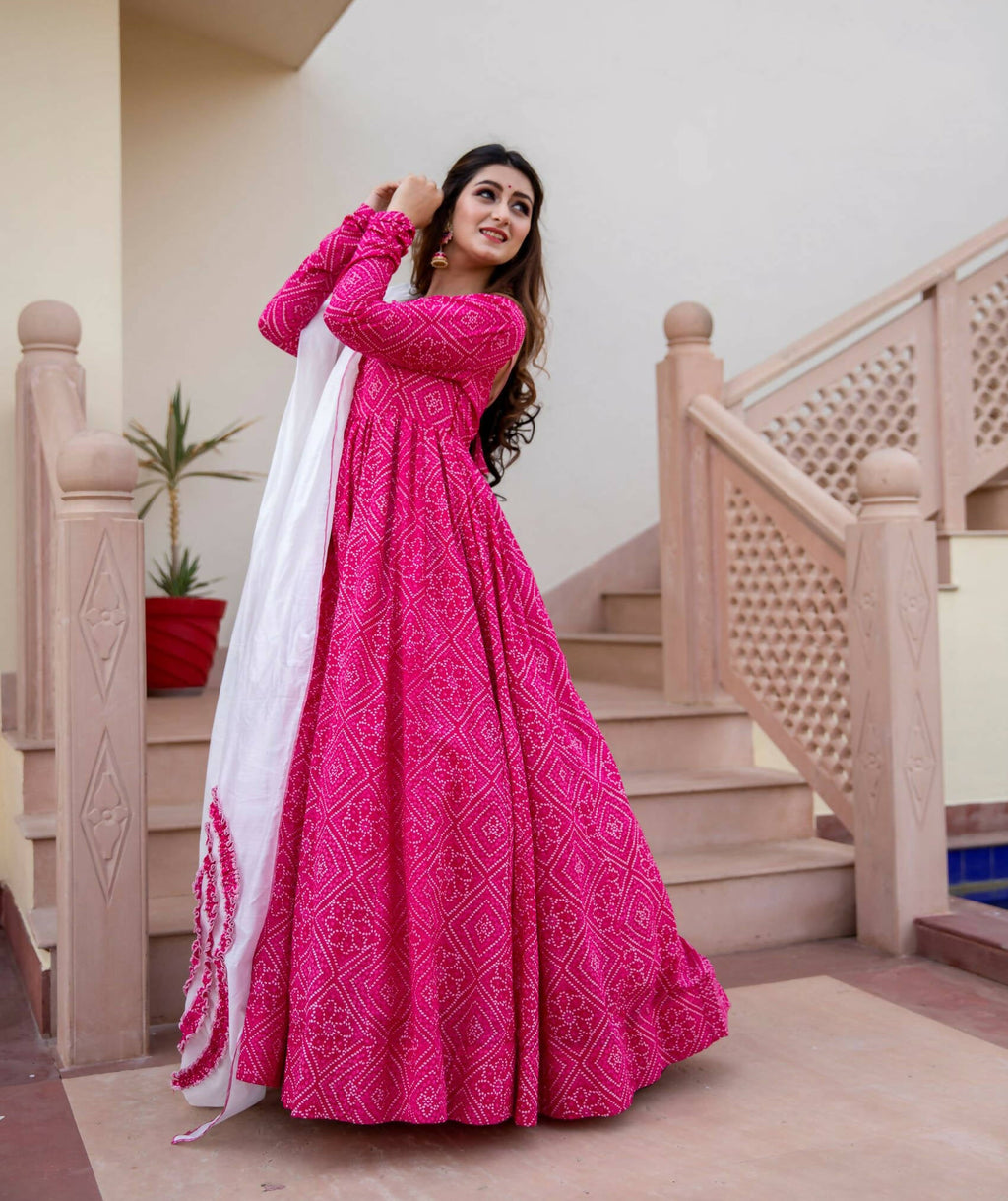 Pink Pure Maslin Bandhej Print Work Stitched Suit With Dupatta - Anbazaar