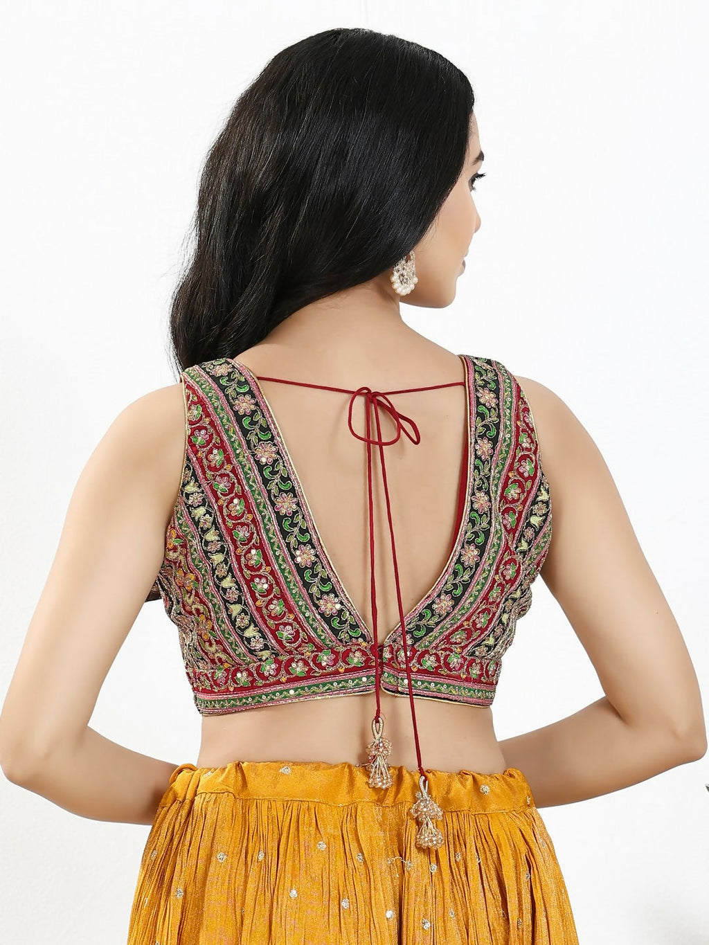Joban Fashion Maroon Multi Georgette Padded Blouse With V Neck Sleeveless
