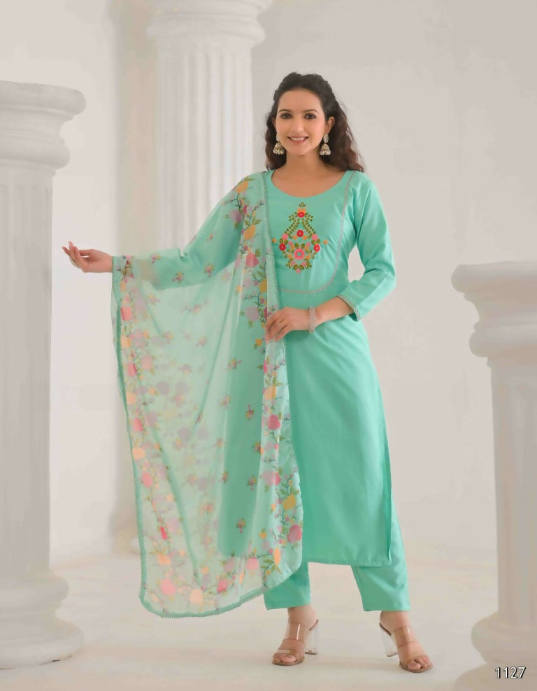 Ethnic Festive Wear Reyon Slub Tile Stitched Suit With Dupatta - Tanisha