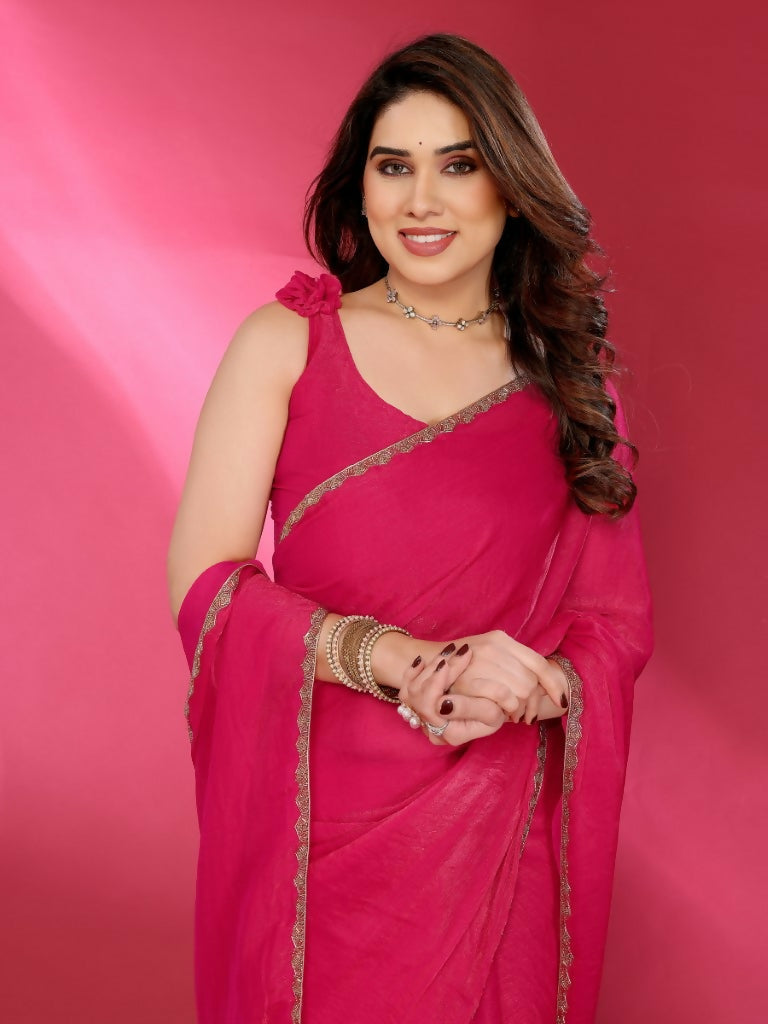 PR Fashion Pink Jimmy Choo Fabric Palin With Work Lace Saree