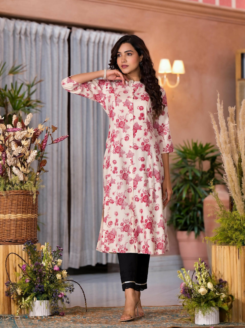Juniper Women's Off White Floral Printed Liva Rayon Kurta With Button Closure