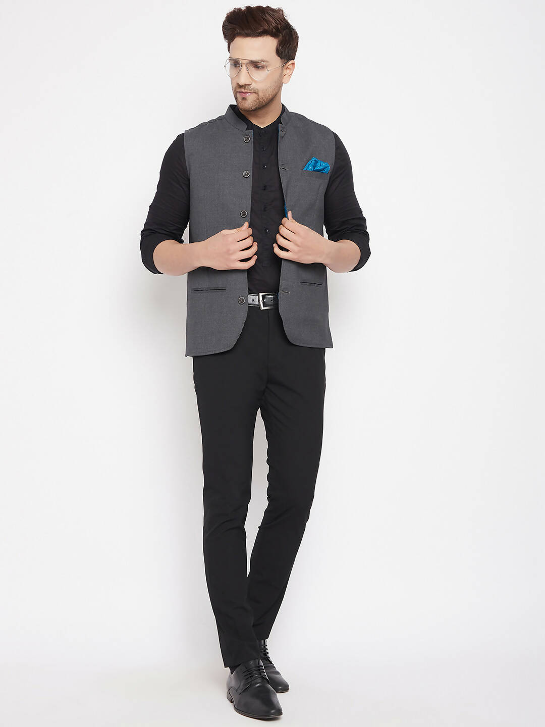 Even Apparels Grey Merino Men's Nehru Jacket-Contrast Lining-Free Pocket Square PW691