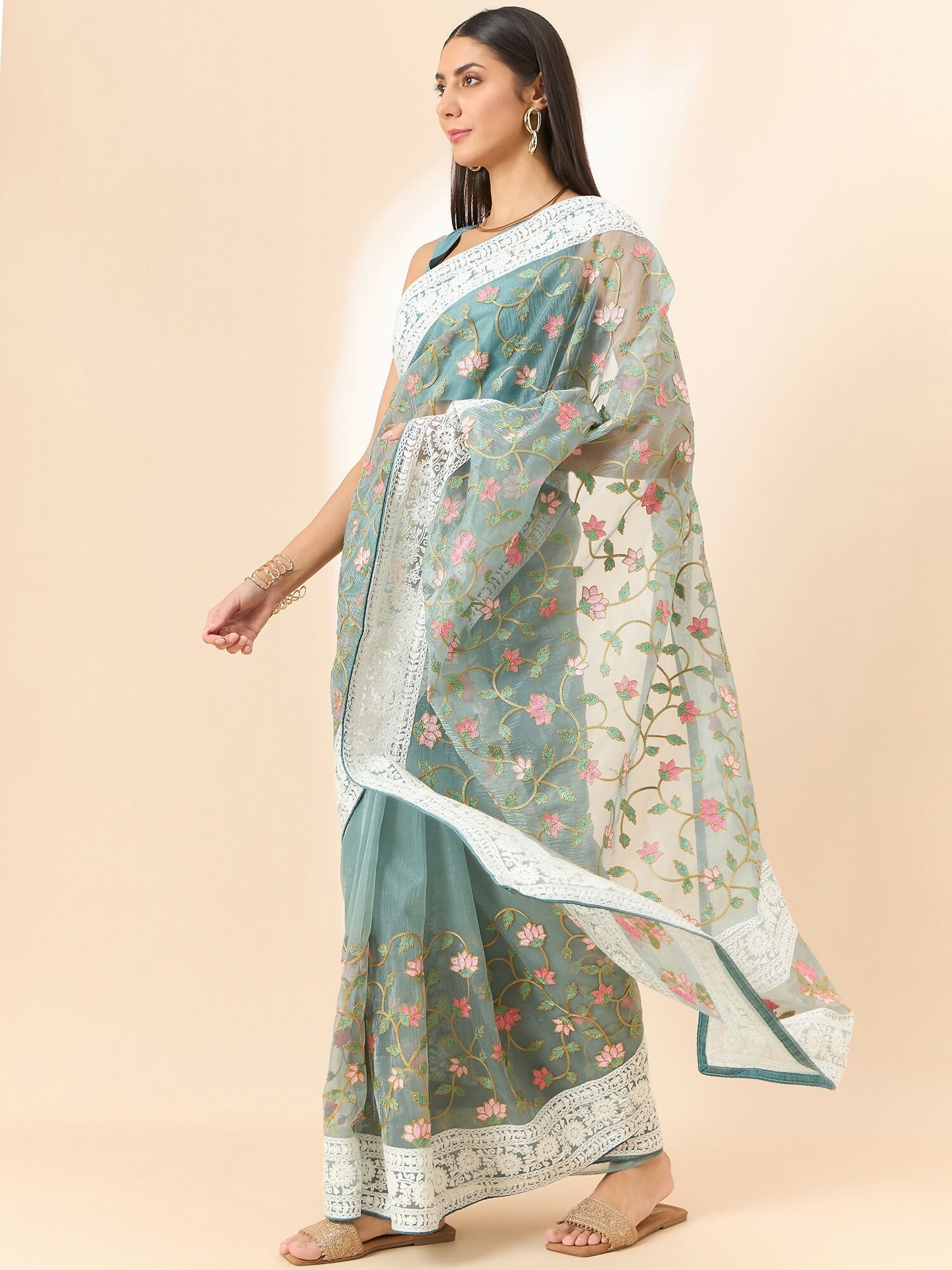 Blue Organza Floral Embroidered Saree with Unstitched Blouse Piece - Roozal