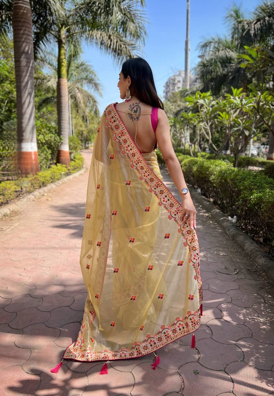 Teeya Creation Lemon Yellow Color Twill Net Designer Embroidery Work Saree