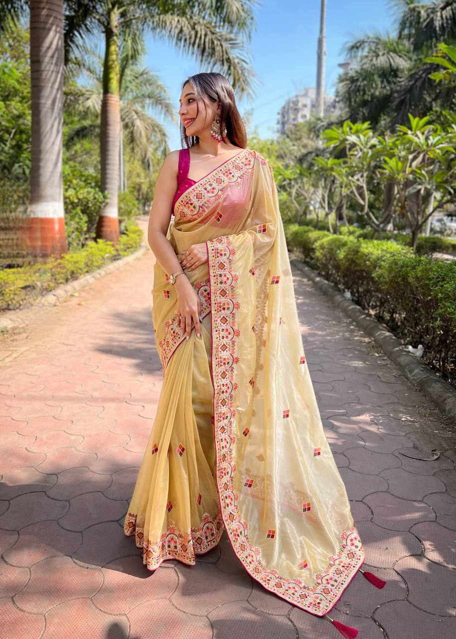 Teeya Creation Lemon Yellow Color Twill Net Designer Embroidery Work Saree