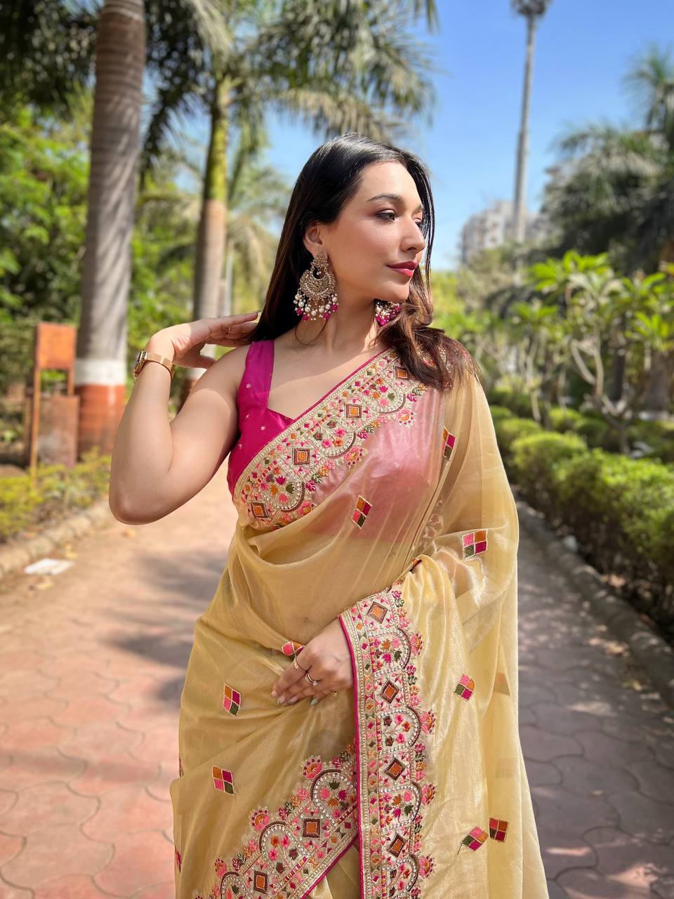 Teeya Creation Lemon Yellow Color Twill Net Designer Embroidery Work Saree