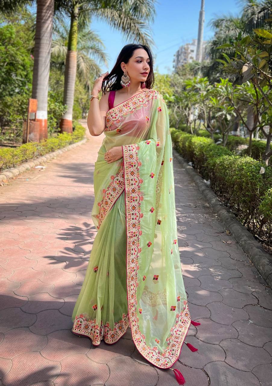 Teeya Creation Parrot Color Twill Net Designer Embroidery Work Saree