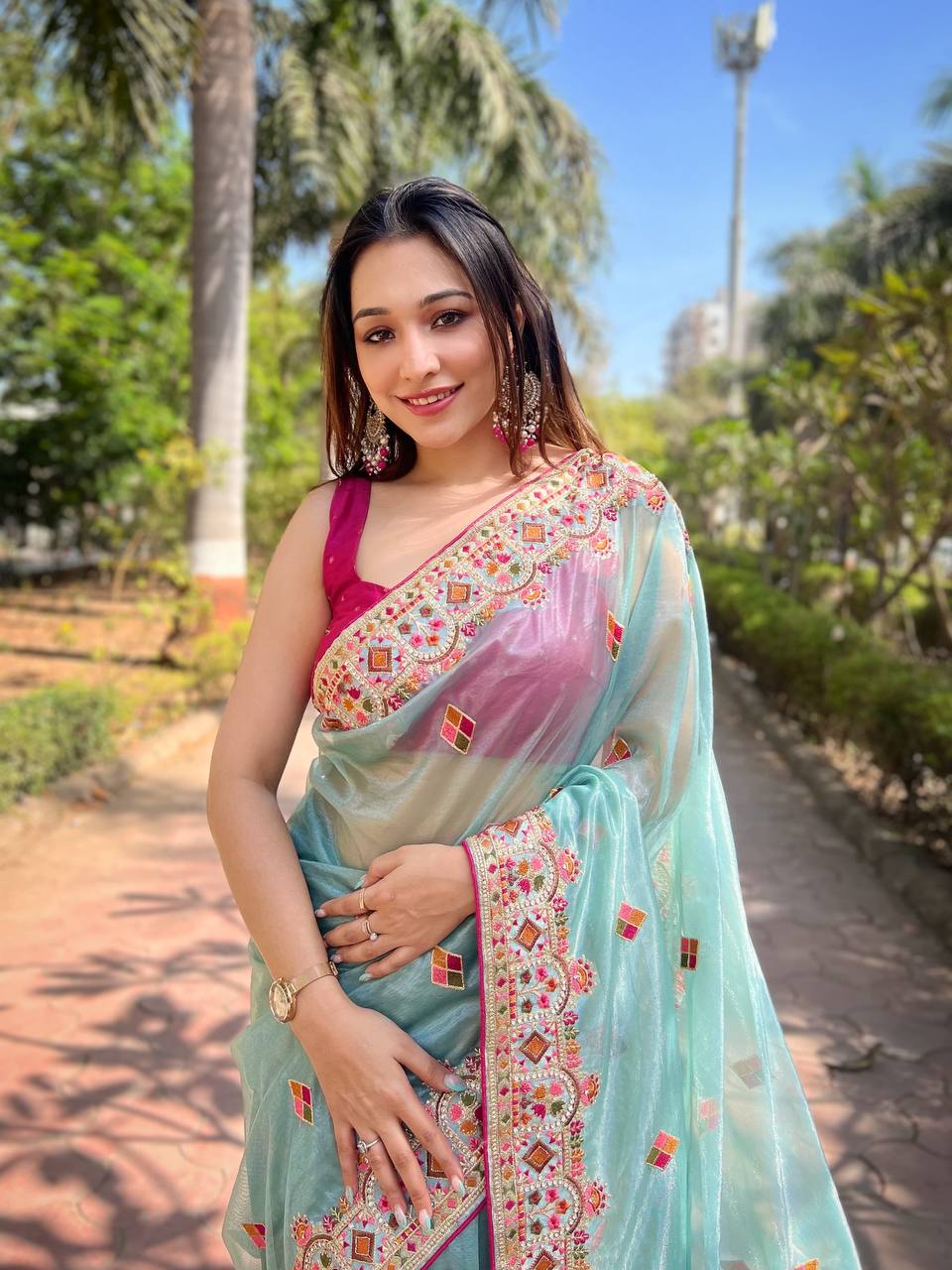 Teeya Creation Sky Color Twill Net Designer Embroidery Work Saree