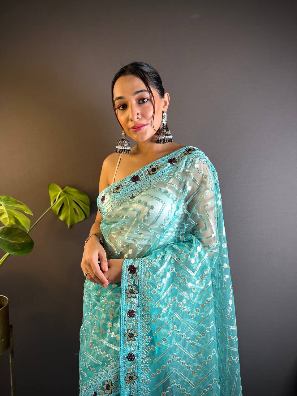 Teeya Creation Sky Color Butterfly Net Embroidery Work Saree