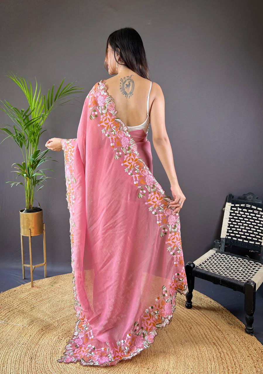 Teeya Creation Gajari Color Soft Glossy Silk Heavy Embroidery Work Saree