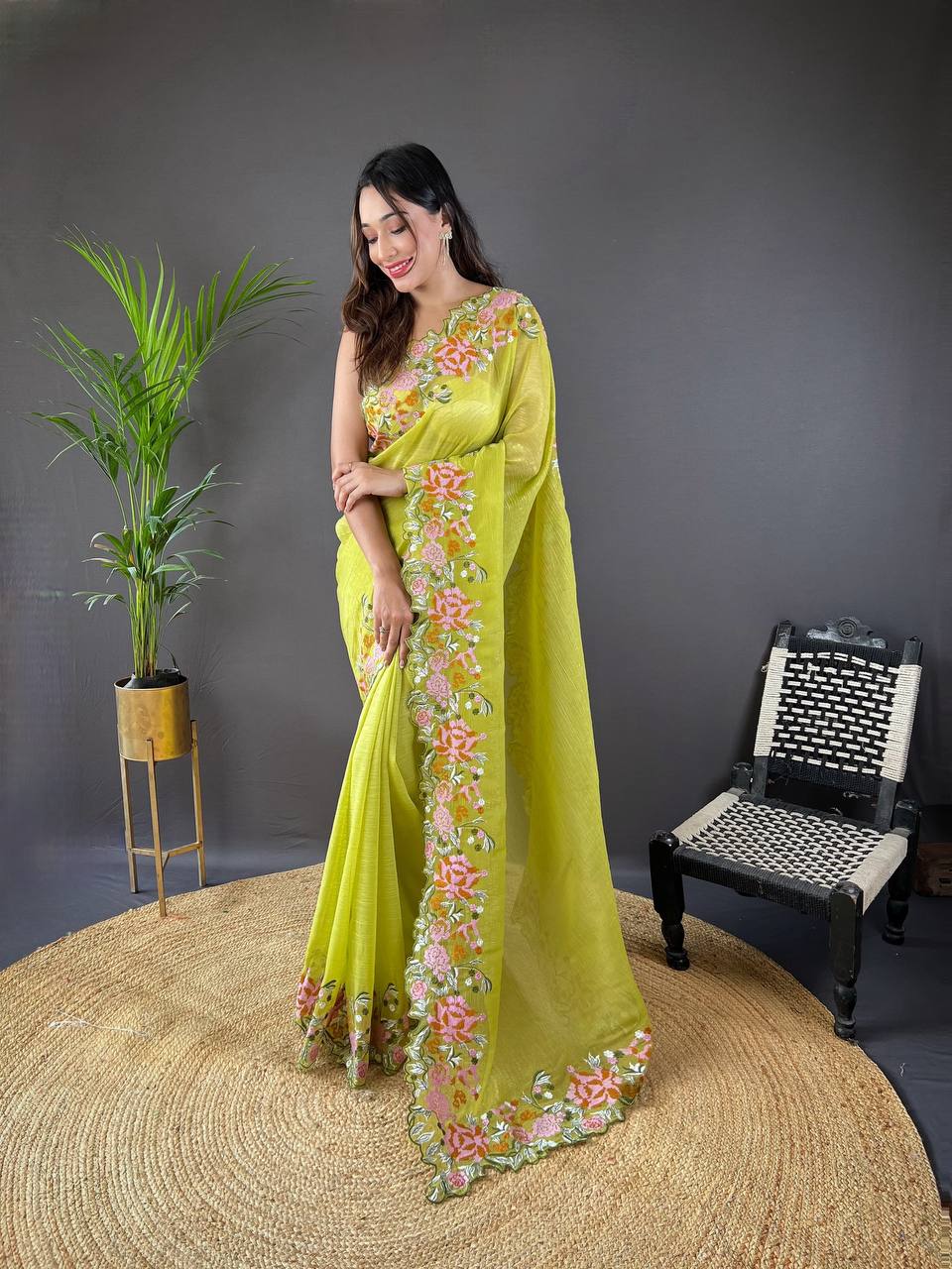 Teeya Creation Olive Color Soft Glossy Silk Heavy Embroidery Work Saree