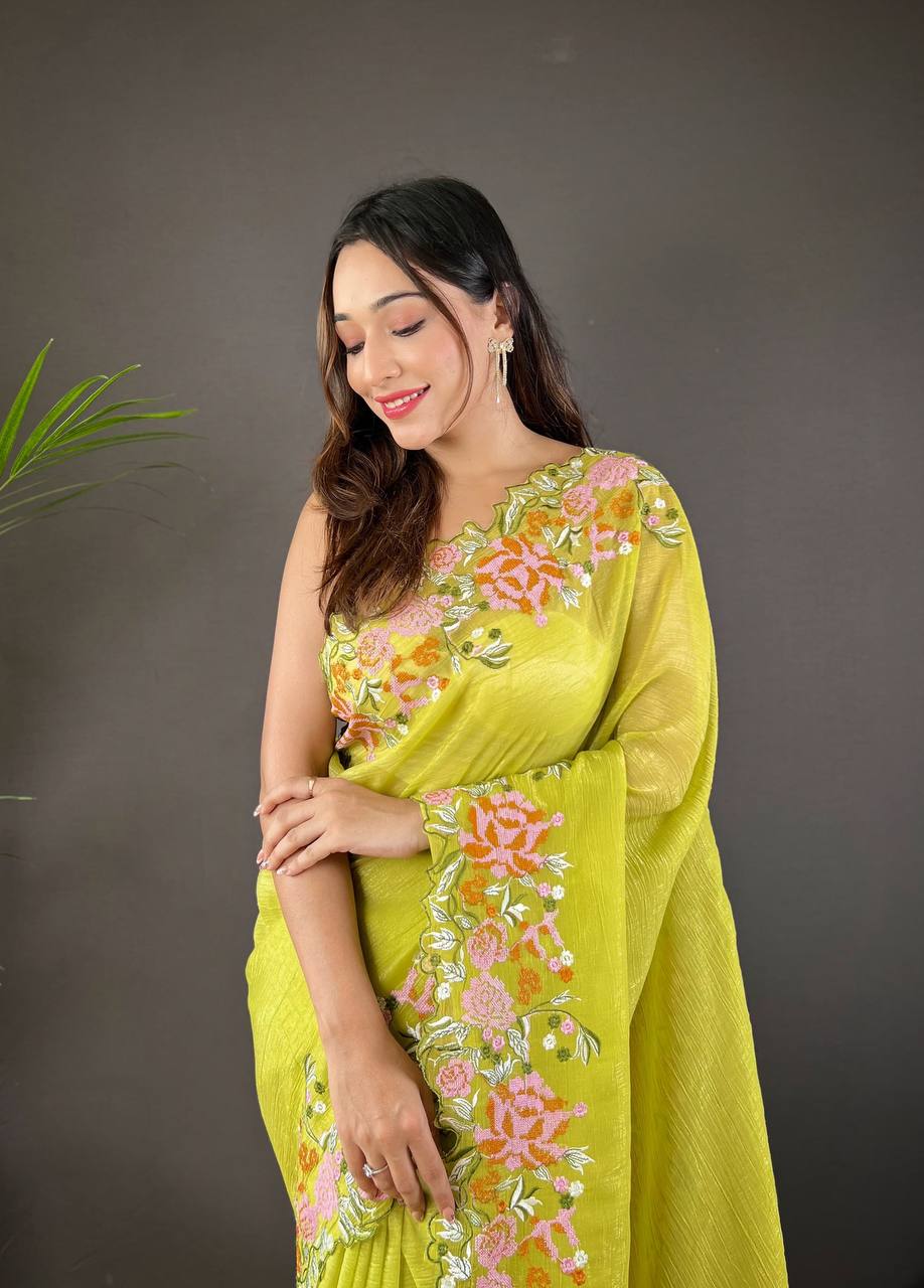 Teeya Creation Olive Color Soft Glossy Silk Heavy Embroidery Work Saree