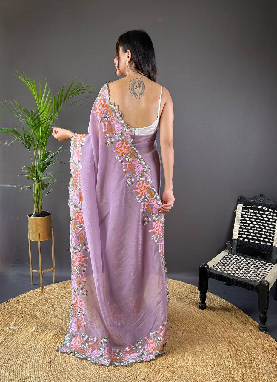 Teeya Creation Onion Color Soft Glossy Silk Heavy Embroidery Work Saree