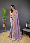 Teeya Creation Onion Color Soft Glossy Silk Heavy Embroidery Work Saree