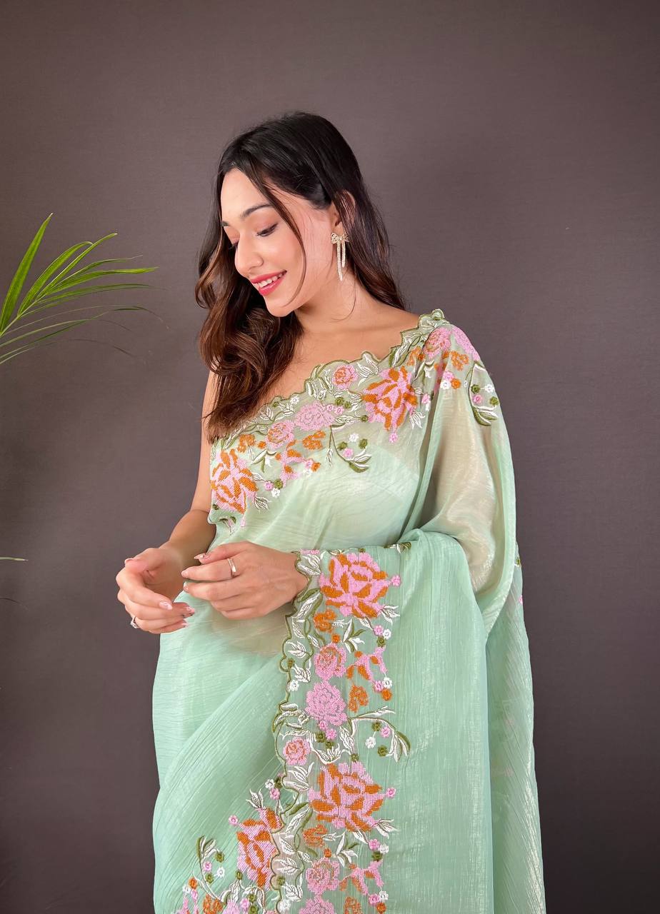 Teeya Creation Pista Color Soft Glossy Silk Heavy Embroidery Work Saree